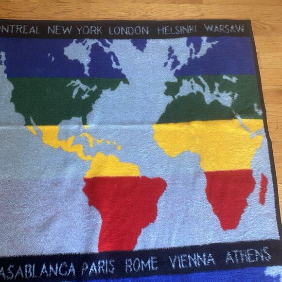 Vtg 1988 Vuteks Vukovar Crown Crafts Blanket Throw World Map City Names Compass - Picture 5 of 7